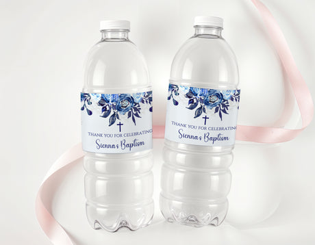 Baptism drink bottle labels with blue floral roses, cross icon, and thank you wording