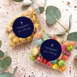 Set of christening popcorn bags, clear cellophane with navy cross labels and “Thank you” message