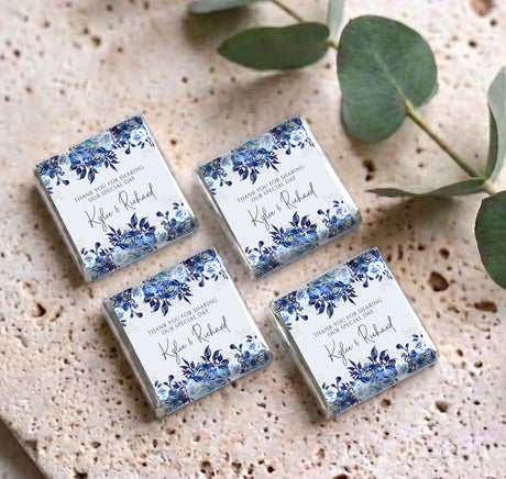 Four navy floral mini chocolate wrappers with Thank you for sharing and Kylie & Richard