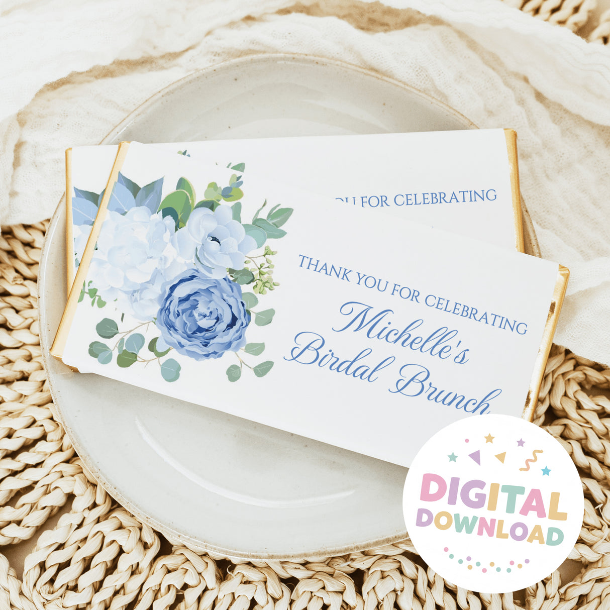 Chocolate bar wrapper with blue floral bouquet and thank you text for bridal brunch