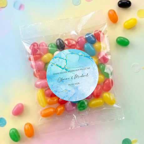 Personalised jelly bean bag with blue marble round label and colorful jelly beans