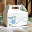 White gable favour box with blue floral print and Bridal Brunch text.