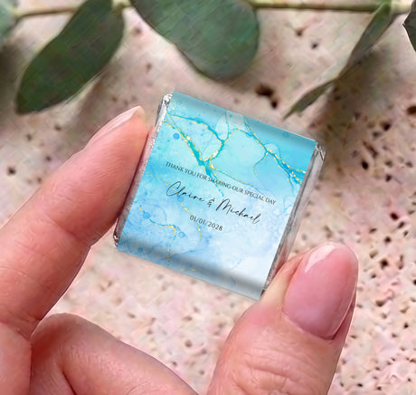 Personalised blue marble mini chocolate with gold foil border and 'Thank you' text