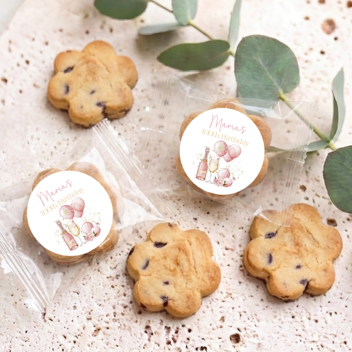 Pink Champagne 100th Birthday Personalised Bite Size Choc Chip Cookies