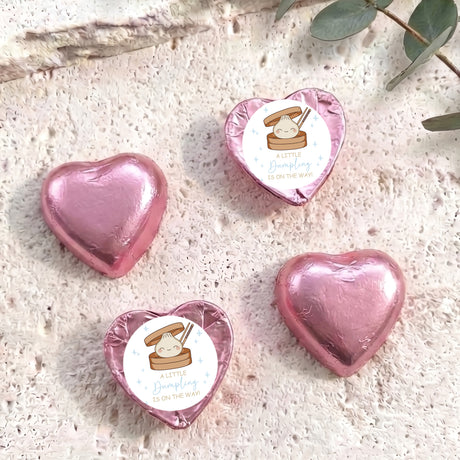 Foil-covered chocolate hearts, pink, with circular personalised message label