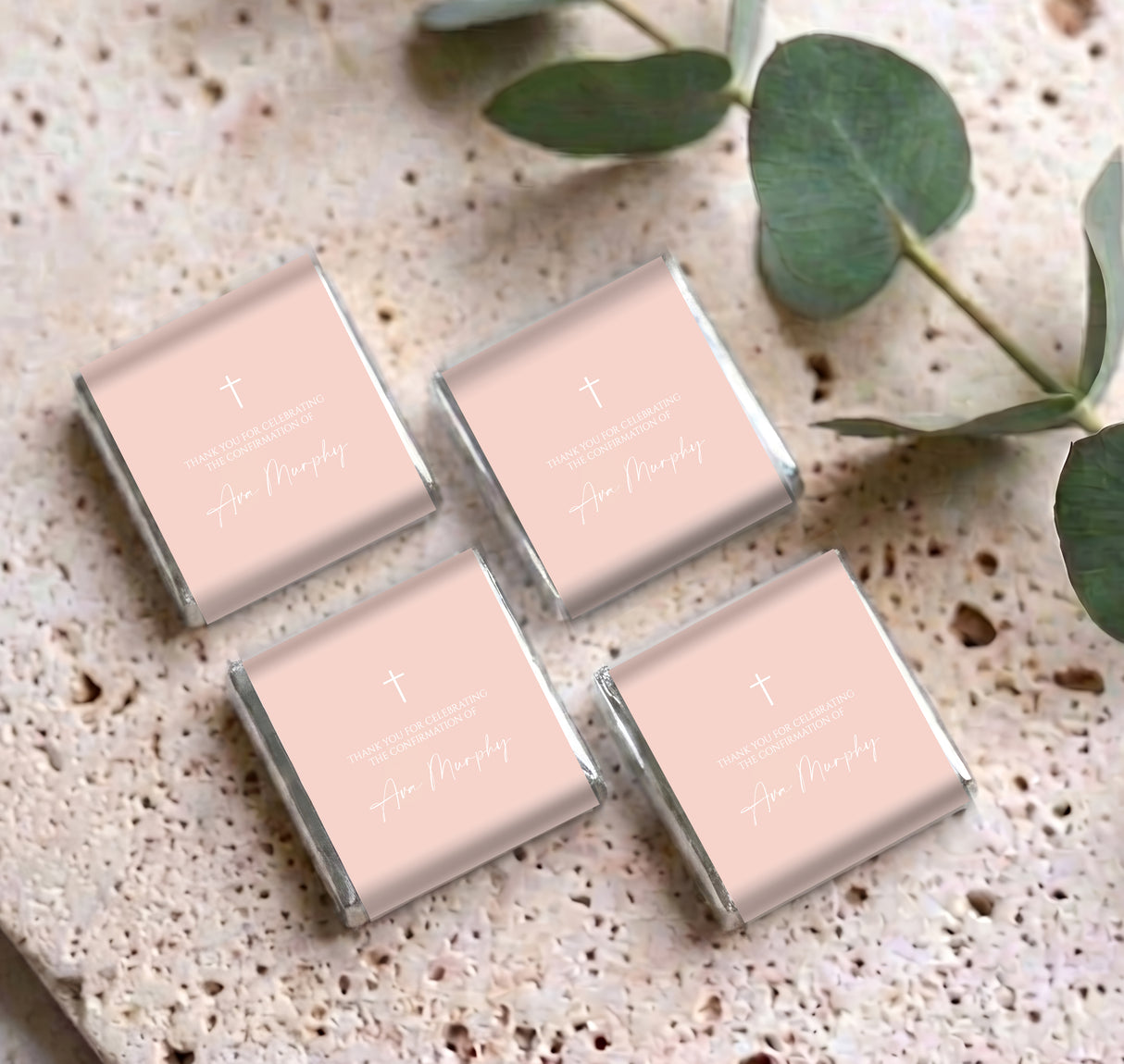 Set of 4 pastel peach mini chocolate boxes with white cross and personalised names