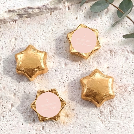 Gold foil chocolate stars with cross emblem and personalised round label