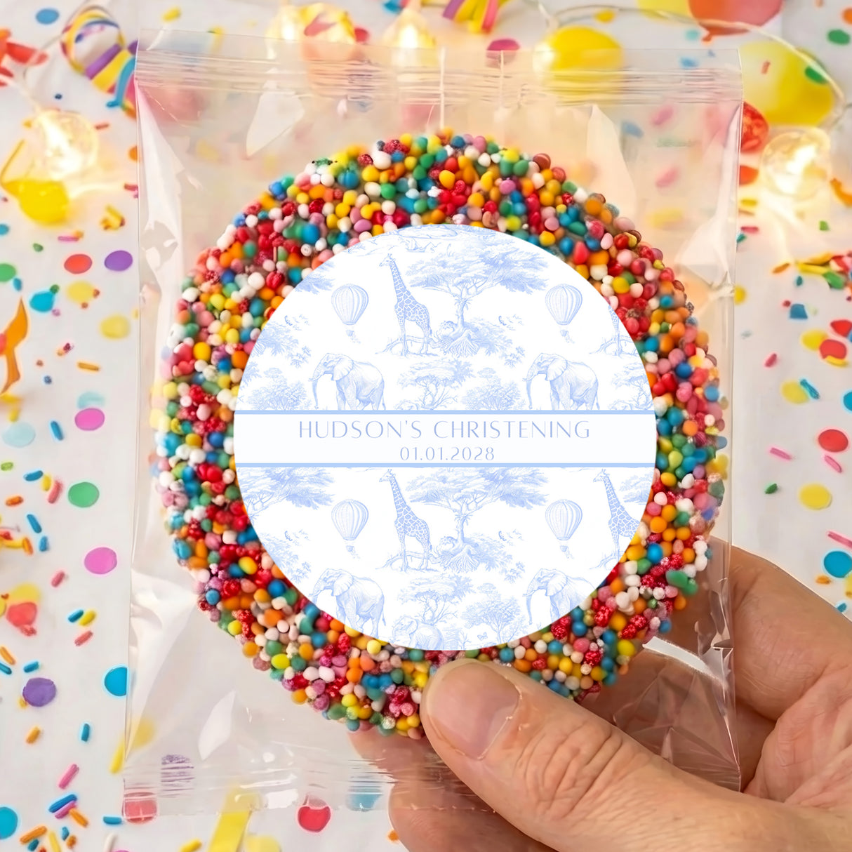 Personalised giant freckles sweet treat in clear bag, round white label with multicolor bead ring