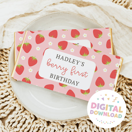 First birthday chocolate bar gift box with strawberry print and 'Hadley's Berry First'.