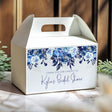 Personalised gable favour box in white with blue floral print and thank-you wording