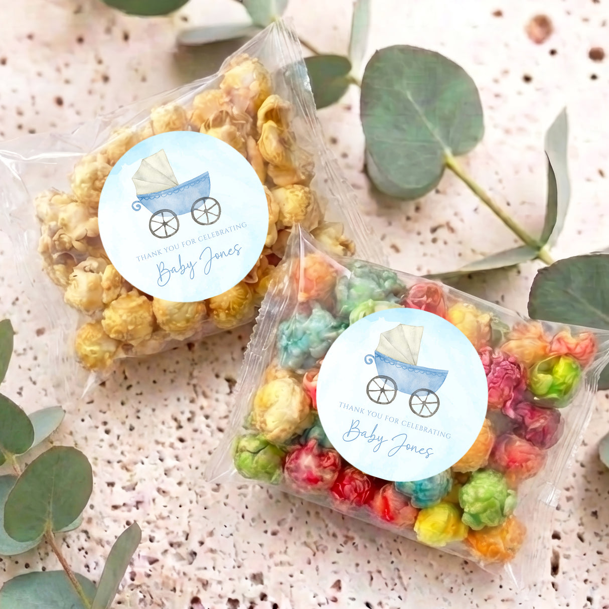 Blue Baby Carriage Baby Shower Personalised Popcorn Bag