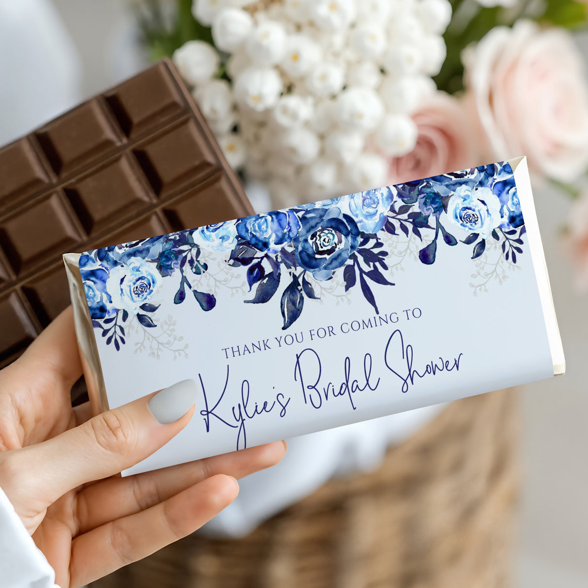 Bridal shower chocolate bar with blue floral wrapper and thank-you message in script text