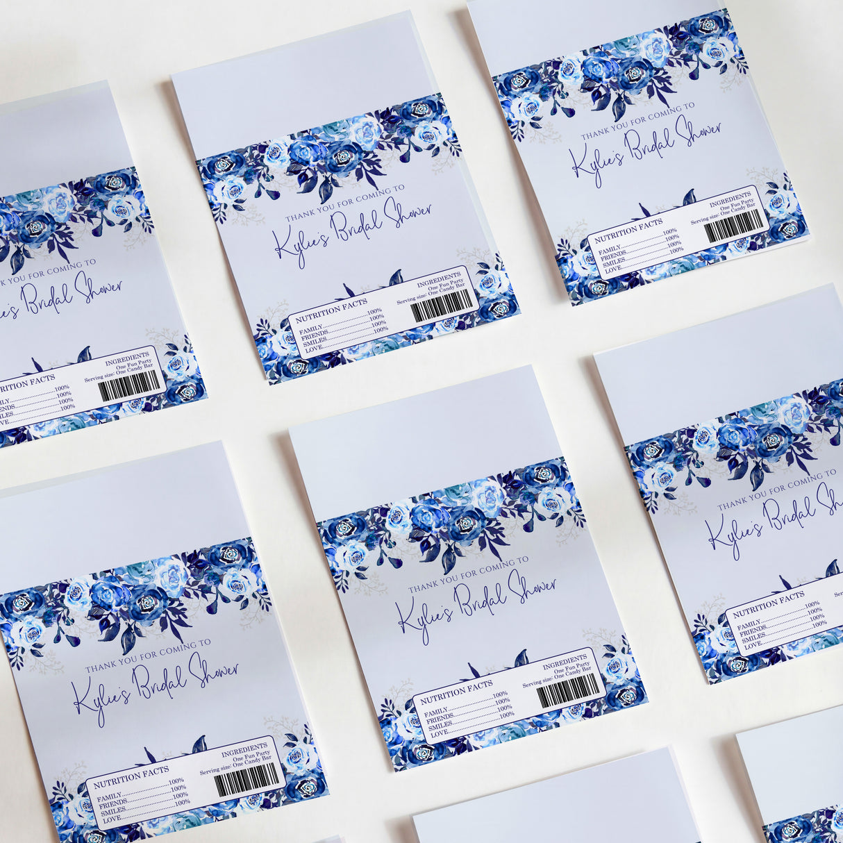 Blue floral printed chocolate wrappers with bridal shower text and nutrition panel