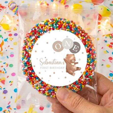 Personalised baby party bag with circular bear tag and rainbow sprinkles border