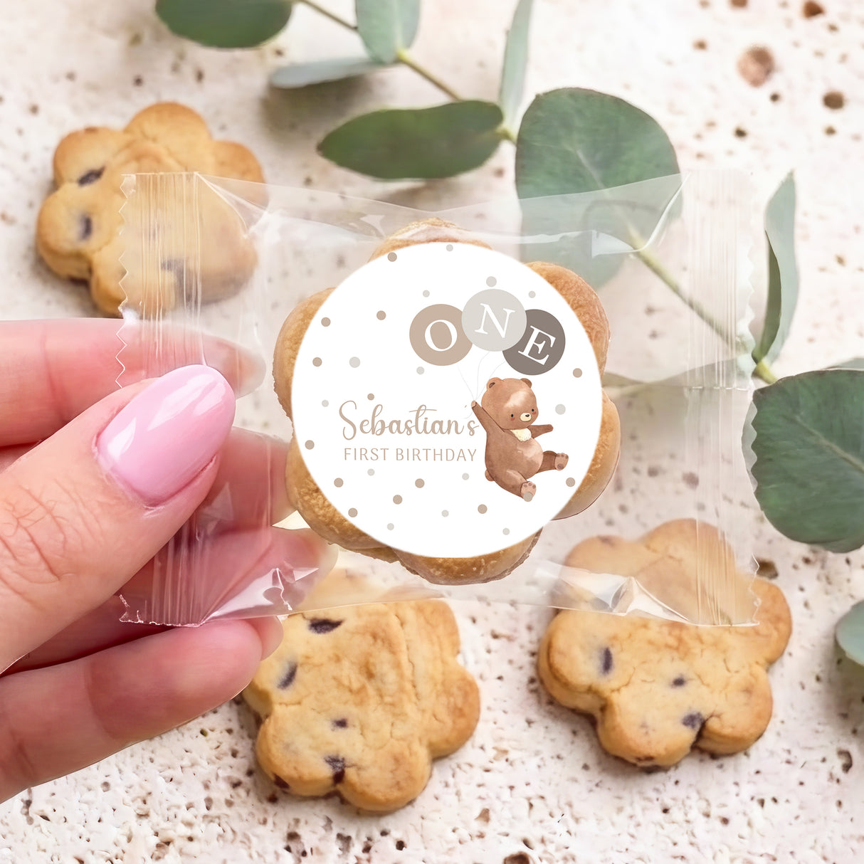 Personalised chocolate chip cookies with round bear label and clear bag