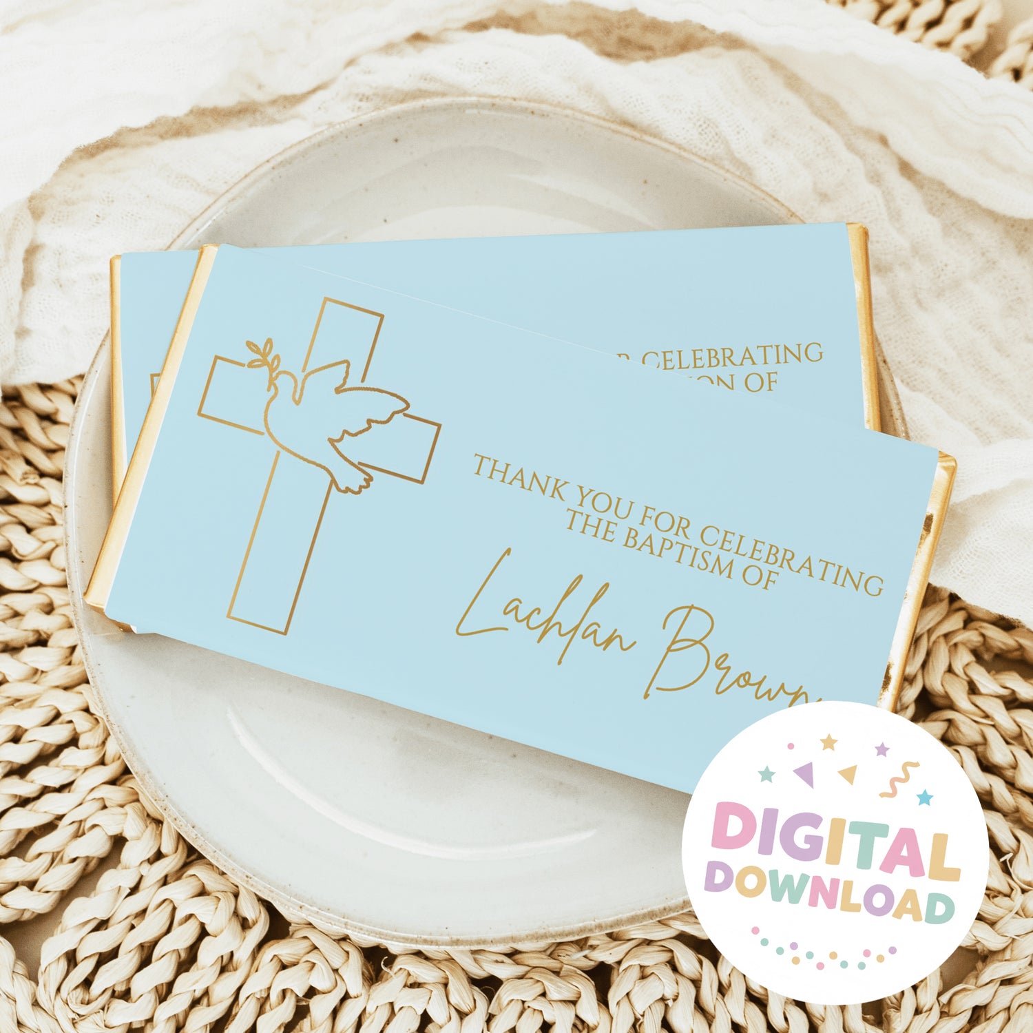 Blue baptism chocolate bar wrappers with gold cross and dove, Digital Download seal