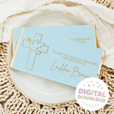 Blue baptism chocolate bar wrappers with gold cross and dove, Digital Download seal