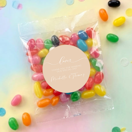 Wedding jelly bean bag with LOVE thank-you label, filled with multicolor beans