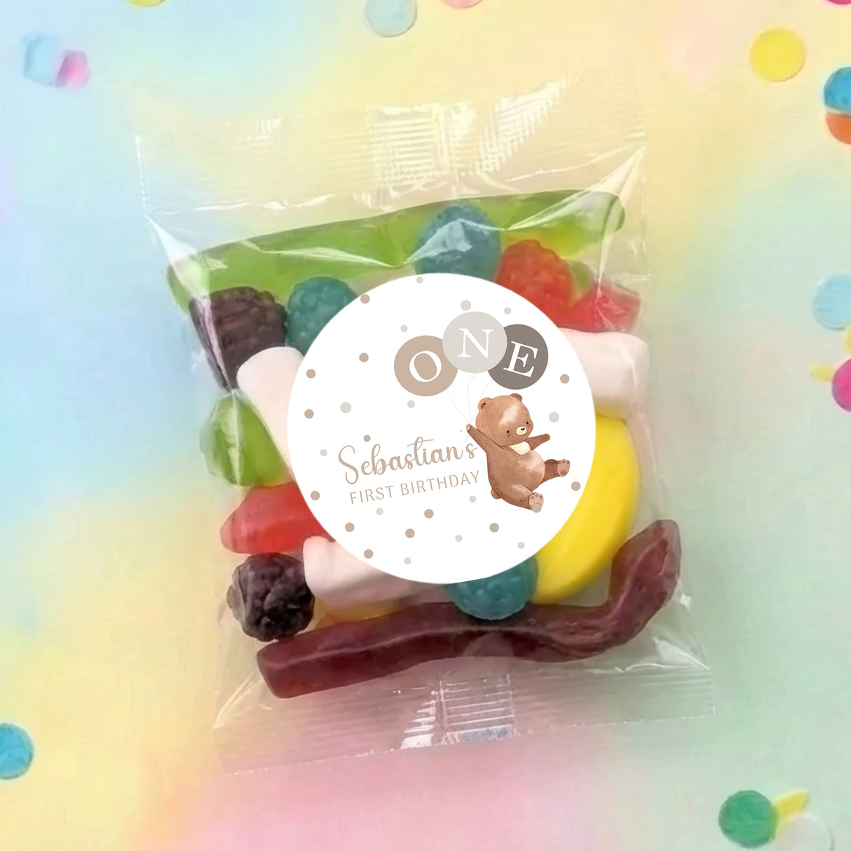 Personalised baby party mix lolly bag with bear graphic and “ONE” birthday label