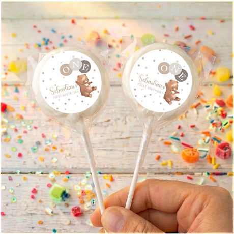 Personalised baby lollipops with bear label on clear wrapped sticks