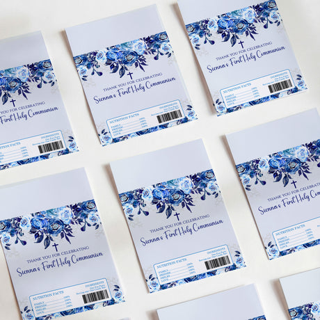 Blue floral First Holy Communion printed chocolate wrappers, with cross and thank-you message