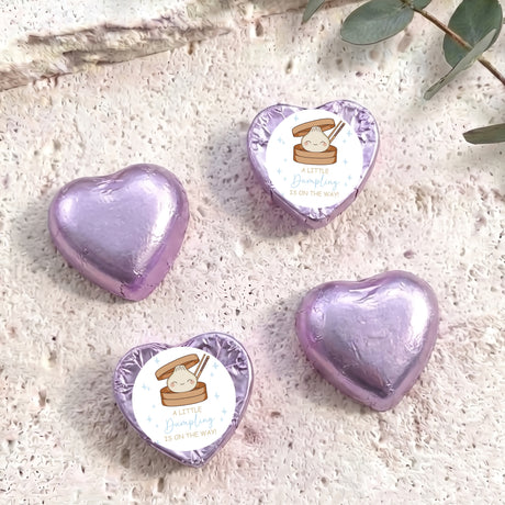 Foil-covered chocolate hearts, purple, with circular personalised message label