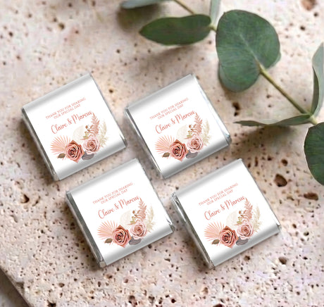 Set of four pink floral boho mini chocolate wrappers with thank-you 'Claire & Marcus'
