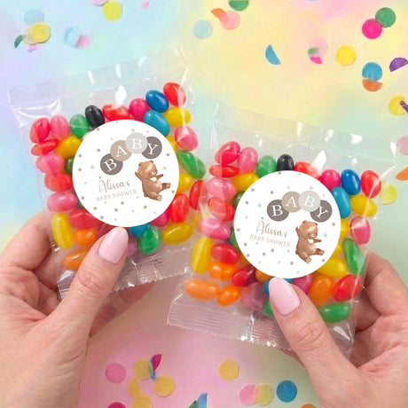 Two Alissa personalised baby shower jelly bean bags, teddy bear round sticker labels