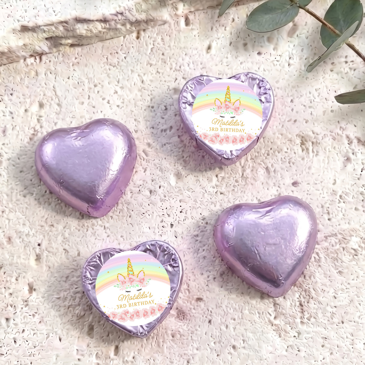 Pastel Rainbow Unicorn Personalised Foil Covered Chocolate Hearts