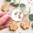 Baby shower mini choc chip cookies in clear bag with round bear 'Alissa' label