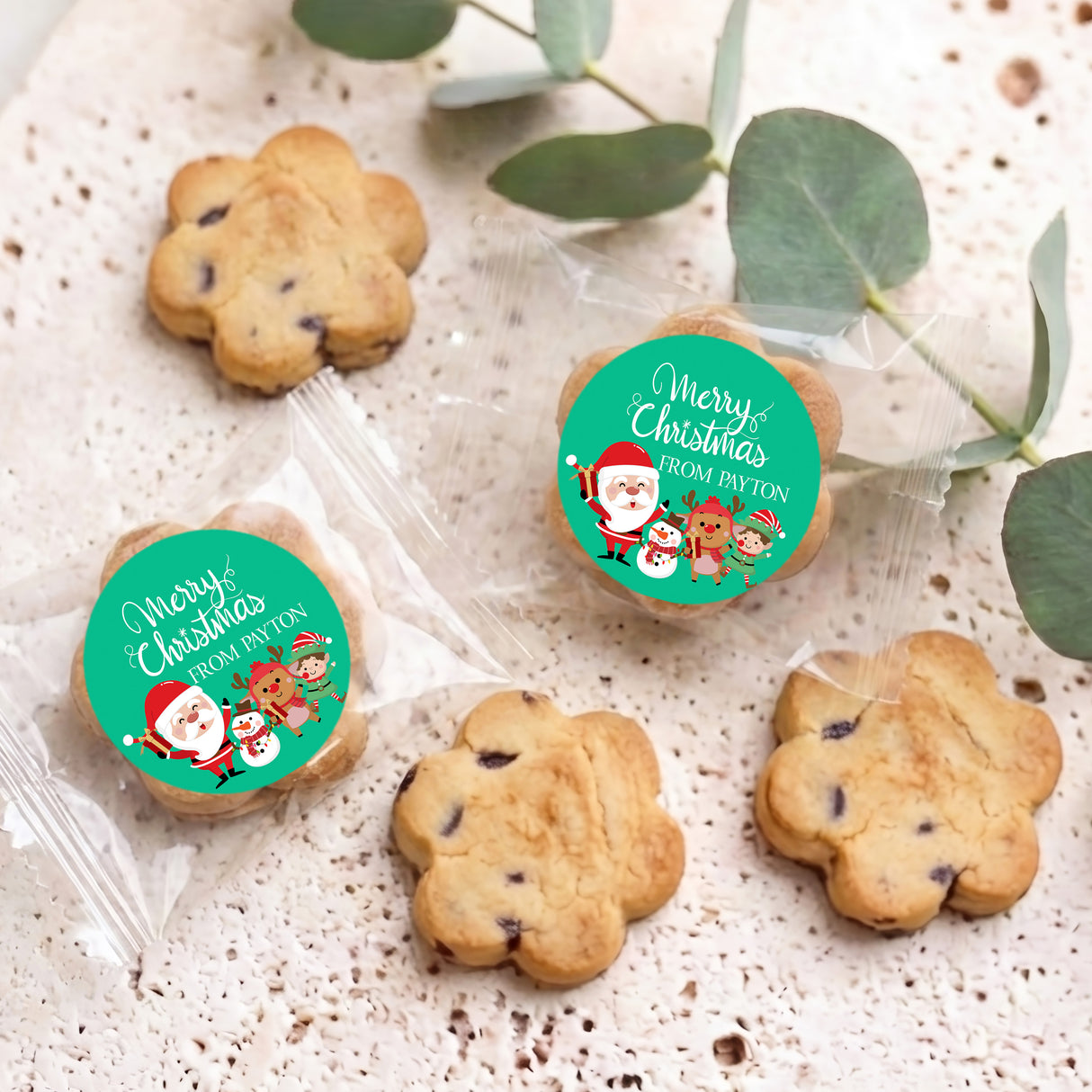 Merry Christmas Green Personalised Bite Size Choc Chip Cookies