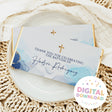 Custom baptism chocolate bar wrapper with blue marble design and gold cross icons