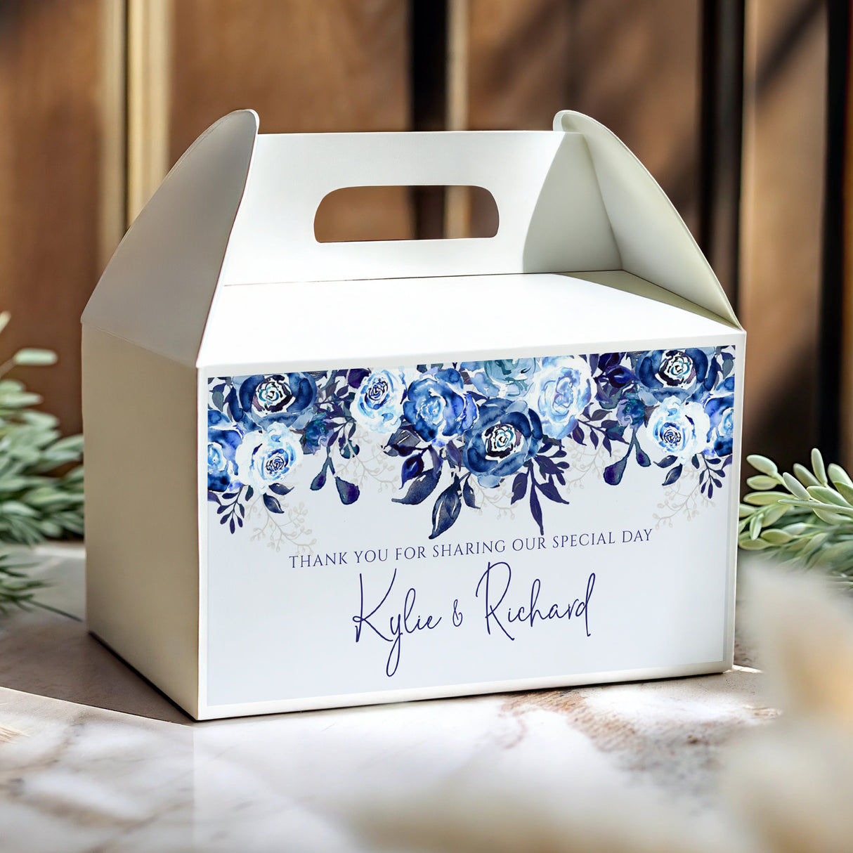 Blue floral wedding gable favour box with handle, “Thank you” and Kylie & Richard