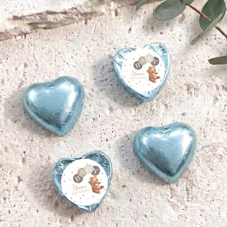 Light blue heart foil chocolates with Baby shower label and teddy graphic
