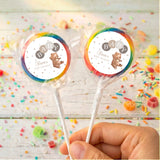 Baby shower personalised lollipops with rainbow round labels, clear wrappers, plain sticks