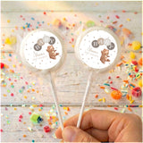 Baby shower personalised lollipops with white bear label, clear wrapper, plain sticks