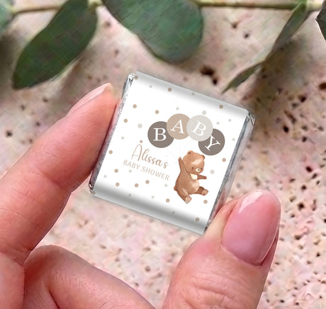 Personalised baby shower mini chocolates, Alissa name with bear and AB balloons