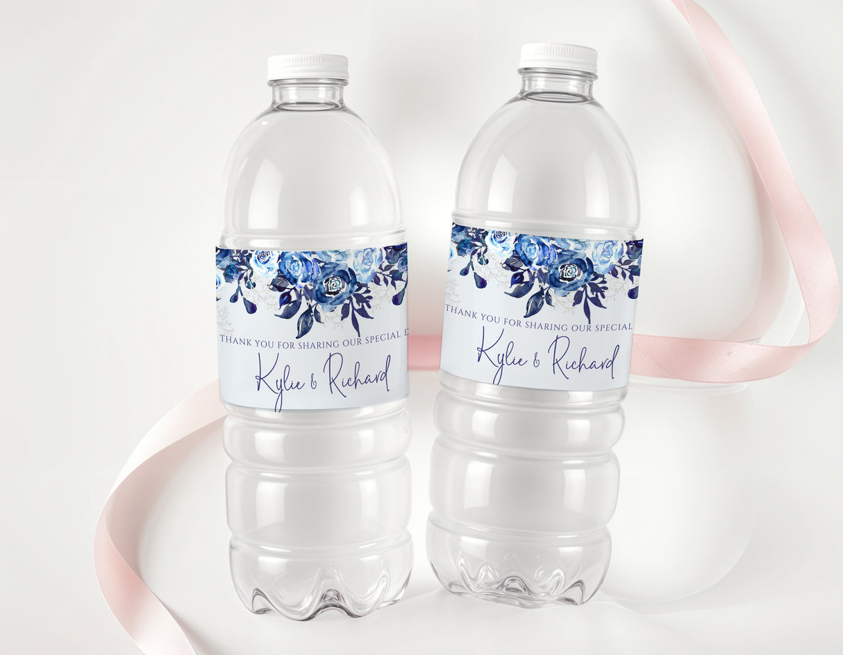 Personalised water bottle labels with blue floral roses and custom names on clear bottles