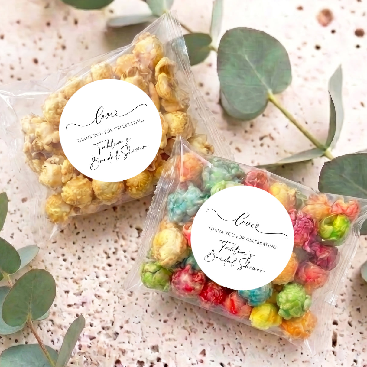Personalized popcorn bags with clear plastic, multicolor popcorn, round thank-you labels