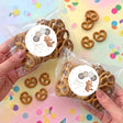 Personalised baby shower pretzel bags with brown pretzels, bear “BABY” label