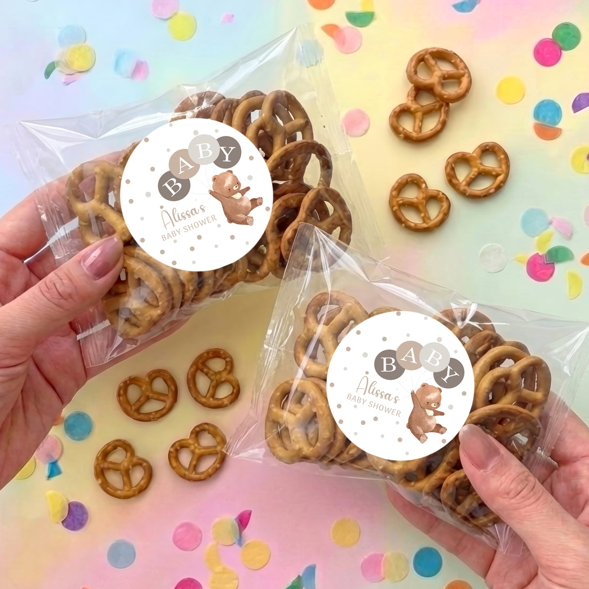 Personalised baby shower pretzel bags with brown pretzels, bear “BABY” label