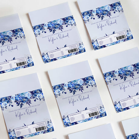 Blue floral printed chocolate wrapper set with script name and barcode labels