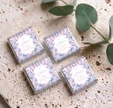 4 personalised mini chocolate boxes with purple butterfly wreath, pink cross and text