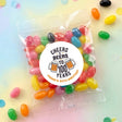 Personalised jelly bean bag with round beer-themed label, multicolor candy in clear bag