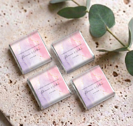 Set of 4 pink & purple marble mini chocolates, personalised thank-you wrappers