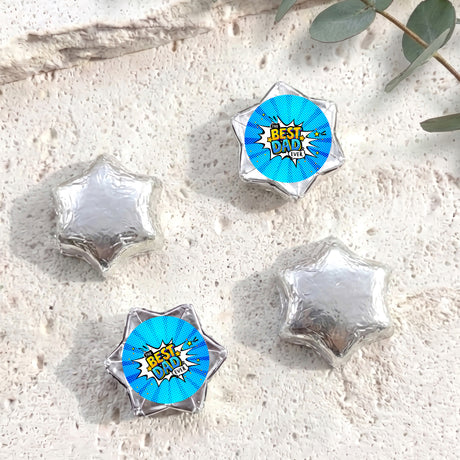 Foil-covered chocolate stars with blue “Best Dad Ever” label, silver foil, five pieces