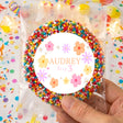 Personalised giant freckles gift bag with floral name label, Audrey and age 3