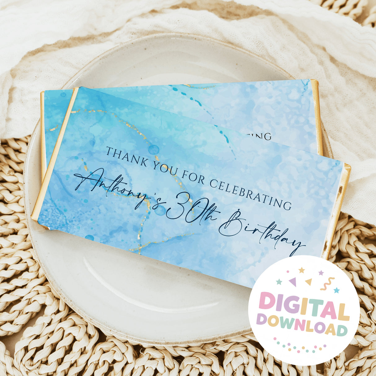 Blue marble watercolor chocolate bar wrapper with 'Thank you for celebrating' text