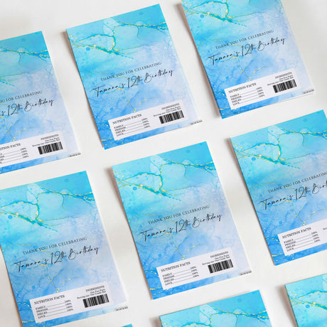 Blue marble birthday printed chocolate wrappers with barcode label
