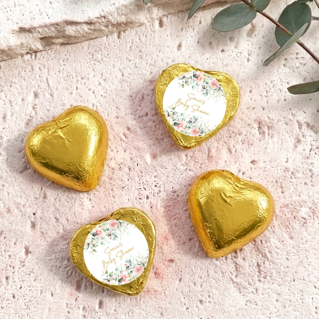 Gold foil heart chocolates with personalised floral insert, Baby Shower design